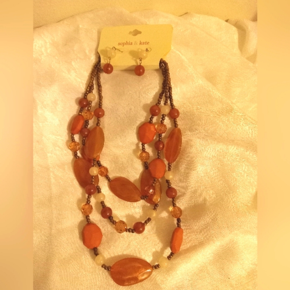 Sophia & Kate Amber brown beaded statement necklace women's earings set